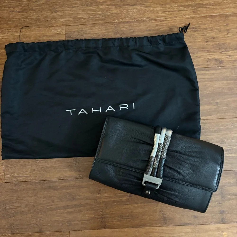 Tahari Black Leather Ruched Clutch Silver Chain Shoulder Bag